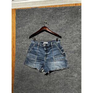 Daze Utility Denim Shorts Womens 30 Blue Patch Pocket Raw Hem Stretch Casual